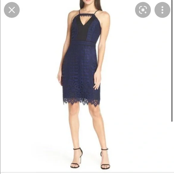 Harlyn Contrast Chiffon Lace Halter Body-Con Dress Navy